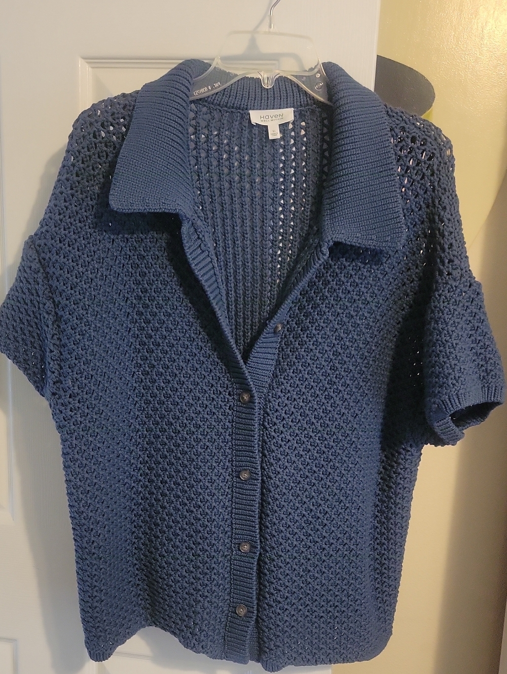 Have Organic Cotton button Down Blue/Green Short-Sleeve Open Knit Cardigan
